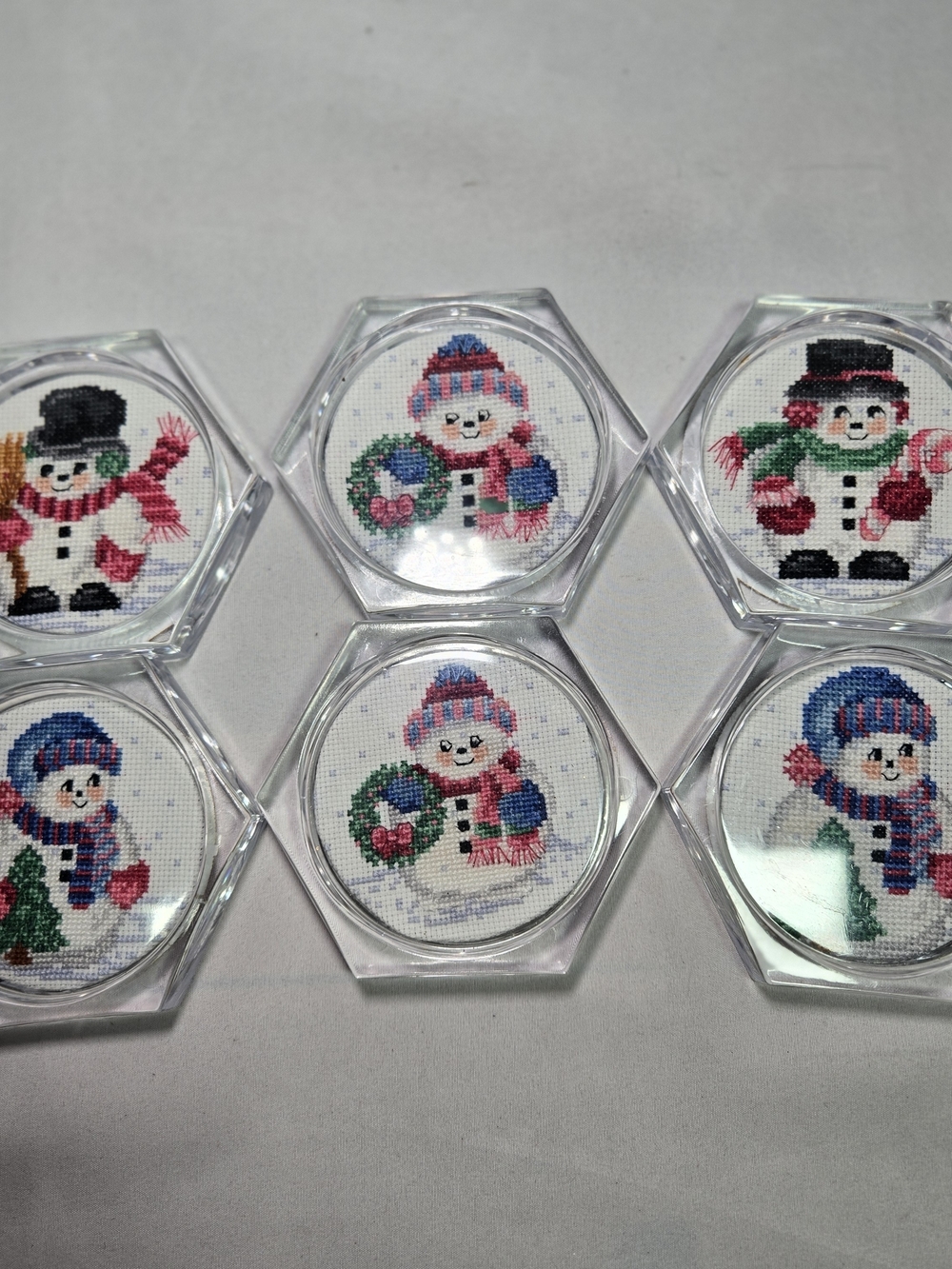 Vintage Set of 6 Clear Acrylic Hexagon Christmas Coasters Cross Stitch Cottage